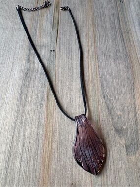 Handcrafted Purple Glass Leaf Pendant Necklace with 16” leather Cord